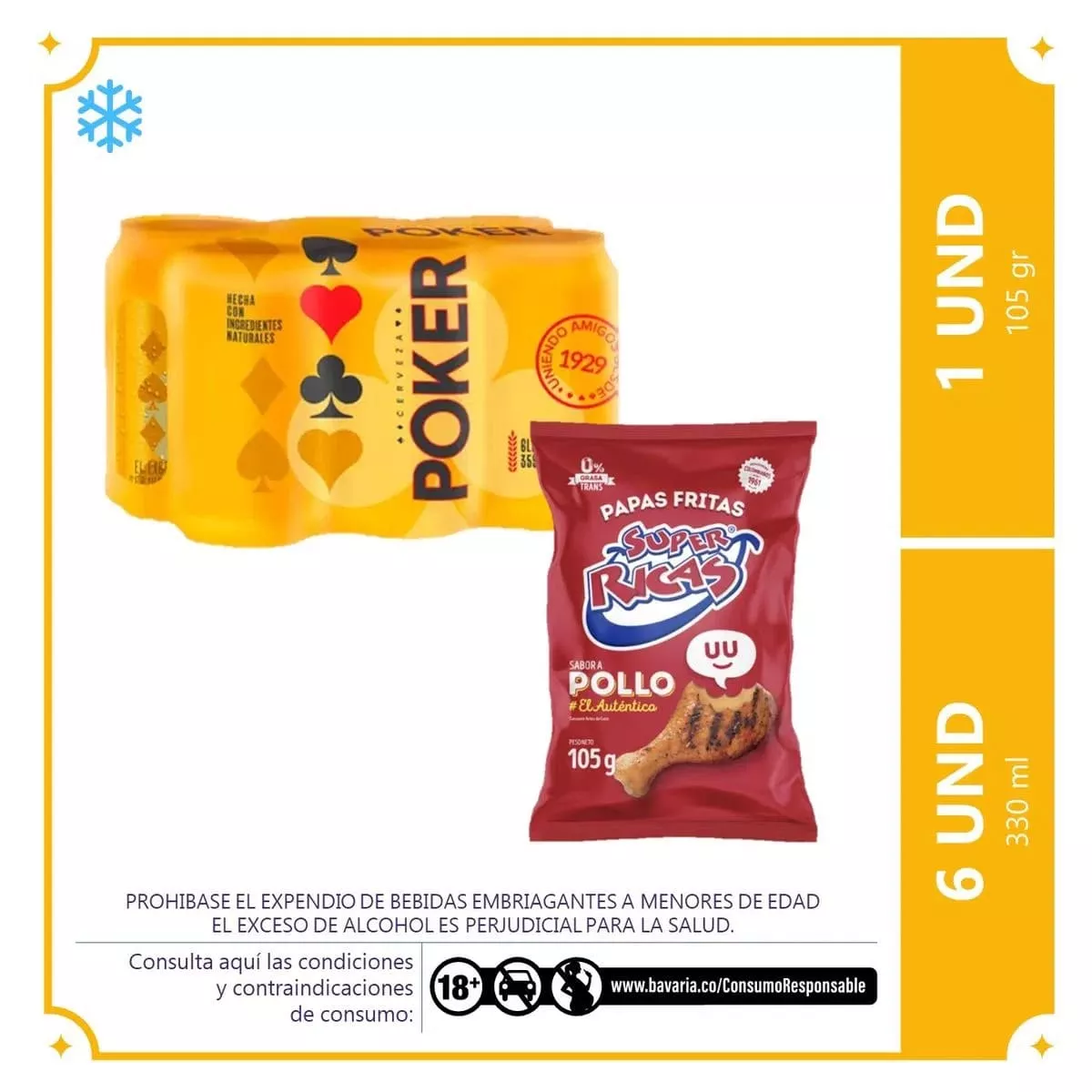 6 Pack Poker Original lata 330ml c/u + Papas pollo super ricas 105gr